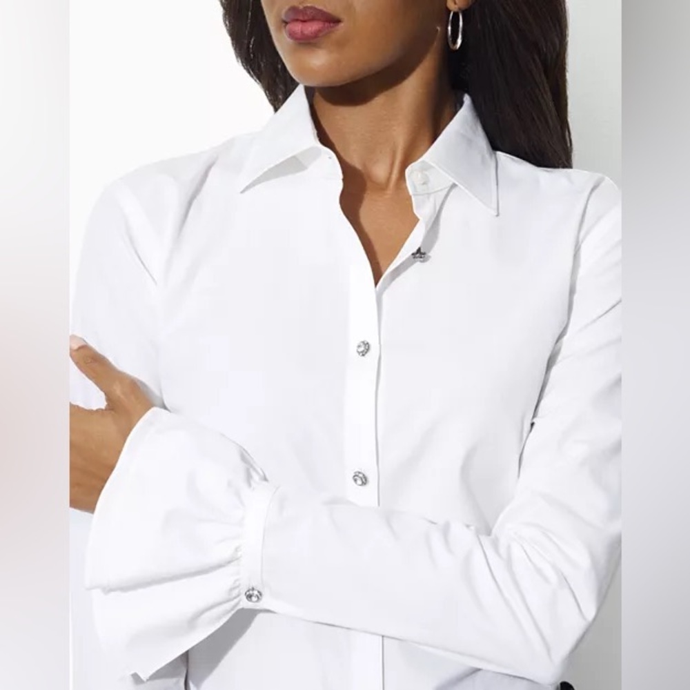 Ralph‎ Lauren Lauren White Button Down Shirt Ruffle Cuffs Rhinestone Buttons S/P